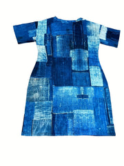 Denim Print Short Sleeve V Neck Dress With Pockets