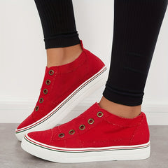 Women's Red Low Top Canvas Sneakers Round Toe Non Slip Walking Shoes