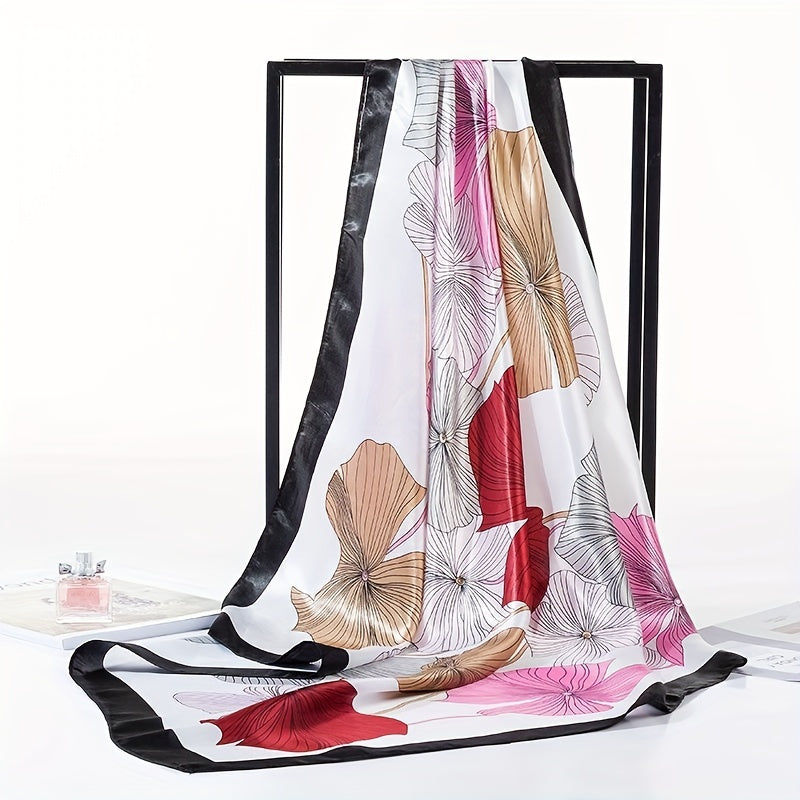 Lotus Print Satin Square Scarf Flower Bandana Women Casual Sunscreen Shawl