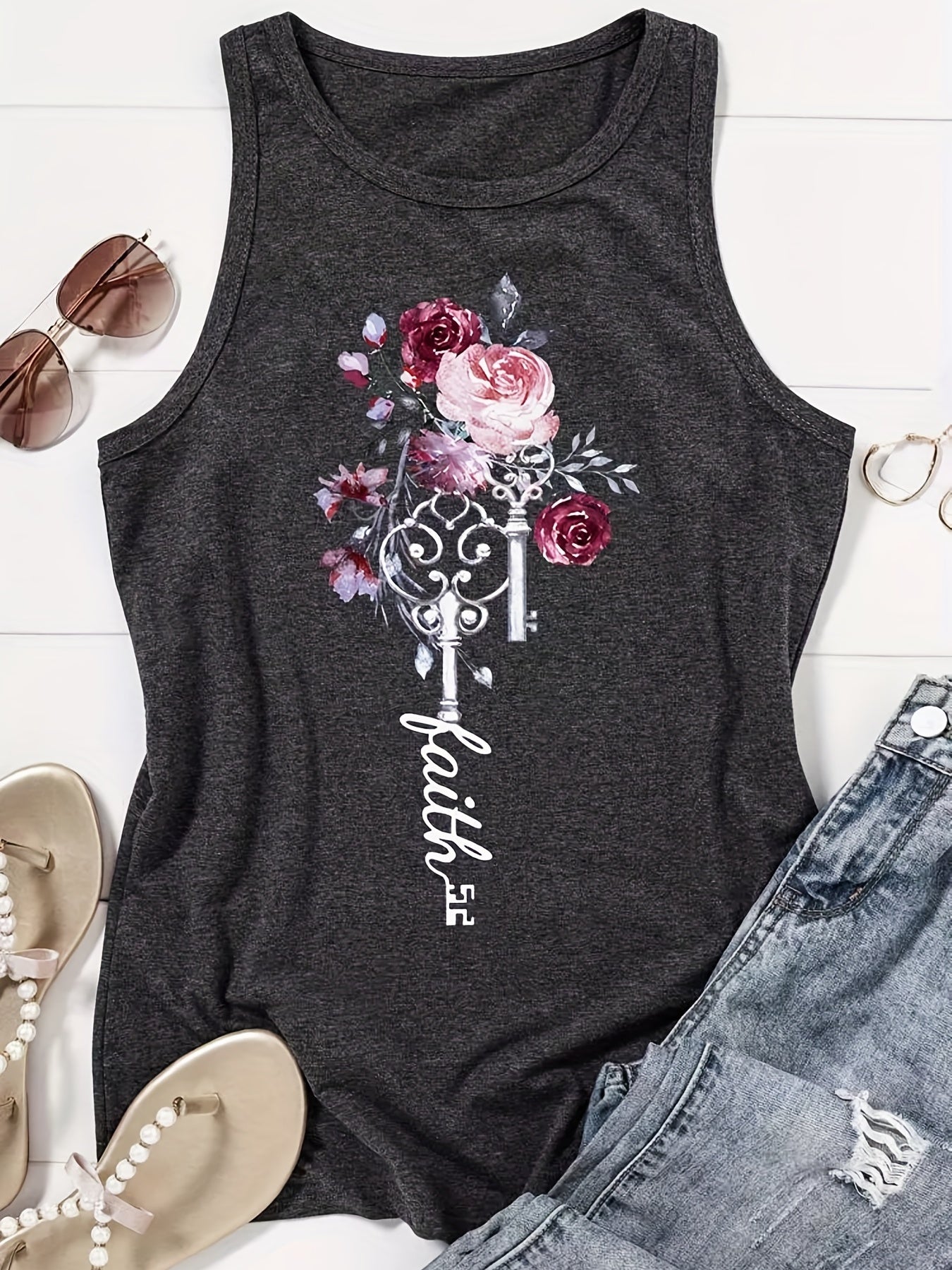 Floral & Letter Print Tank Top Sleeveless Summer Casual Women's Clothing