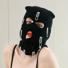 Rhinestone Tassel Balaclava Hip Hop Ski Mask Y2K Knit Hat Neck Gaiter