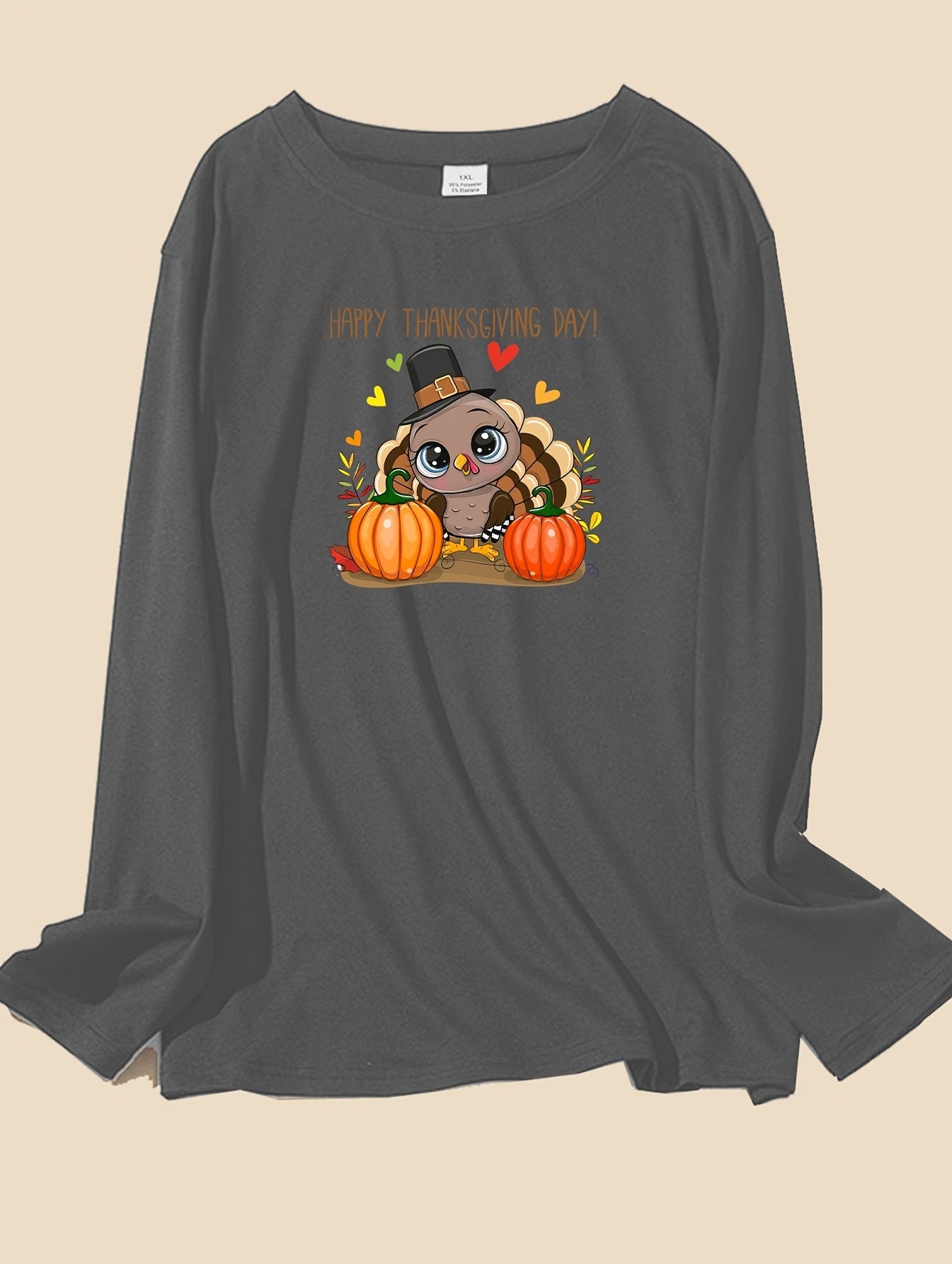 Turkey & Pumpkin Print Long Sleeve Round Neck Lounge Top
