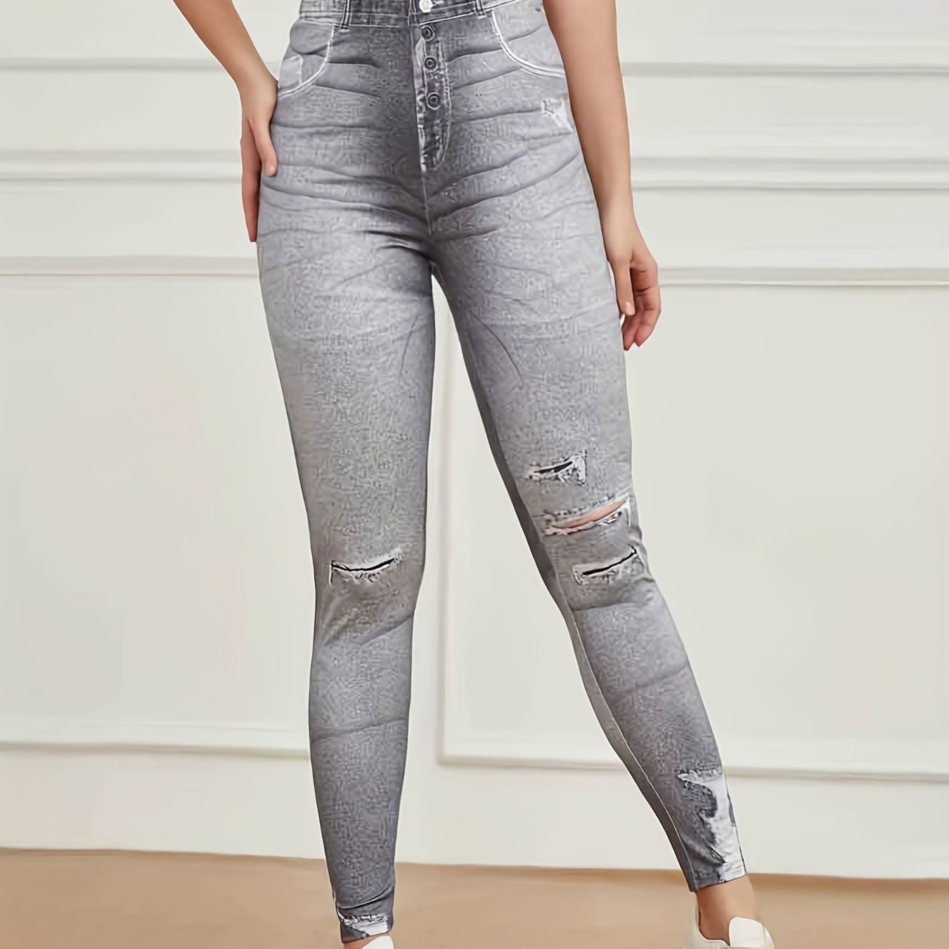 Denim Print Skinny Ripped Leggings for Women