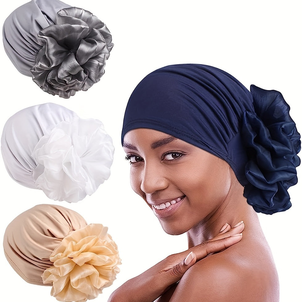 Satin Plate Flower Turban Cap Elastic Head Wrap Solid Ramadan Scarf for Women