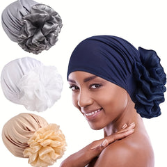 Satin Plate Flower Turban Cap Elastic Head Wrap Solid Ramadan Scarf for Women