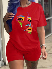 Abstract Face Print T shirt & Slim Shorts Set