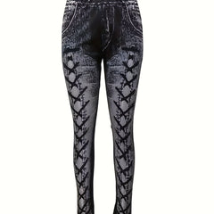 Hourglass Denim Print Skinny Leggings Casual Stretchy Leggings