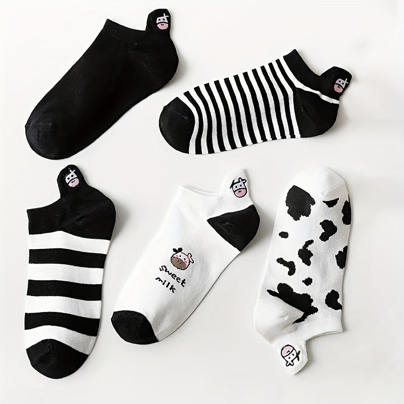 10 Pairs Cartoon Cow Print Socks & Low Cut Ankle Socks Women's Stockings