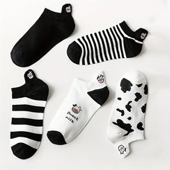 10 Pairs Cartoon Cow Print Socks & Low Cut Ankle Socks Women's Stockings