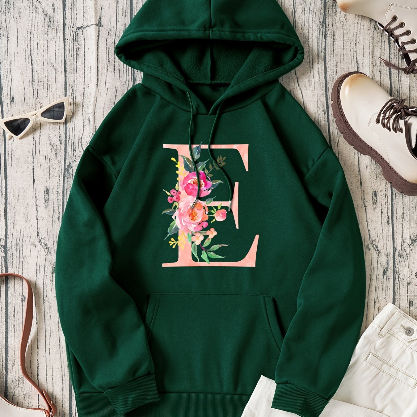 Flower & E Print Pullover Sweatshirt Drawstring Hoodies