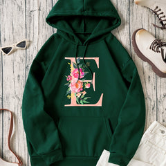 Flower & E Print Pullover Sweatshirt Drawstring Hoodies