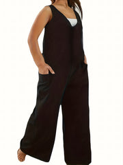 V Neck Wide Leg Tank Jumpsuit With Pockets