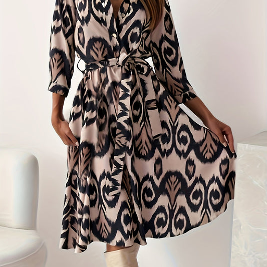 Allover Print Button Up Long Sleeve V Neck Knee Length Dress