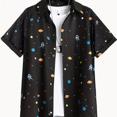 Astronaut Full Body Print Men's Button Up Short Sleeve Shirt For Summer