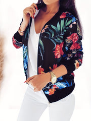 Floral Print Zip Up Jacket Casual Baseball Neck Sweater