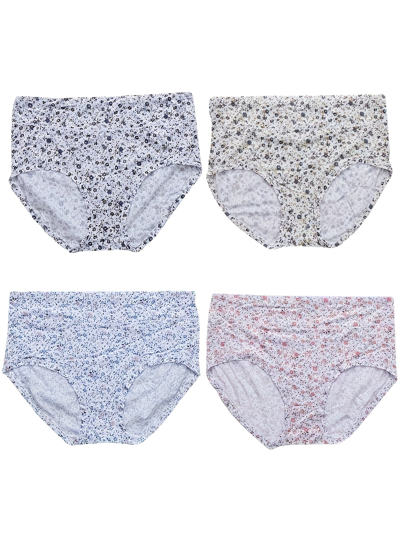 4 Pack Plus Size Panties Set Women's Plus Ditsy Floral Print High Waist