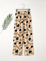 Heart Print Sleep Bottom Cozy Elastic Waist Long Pants