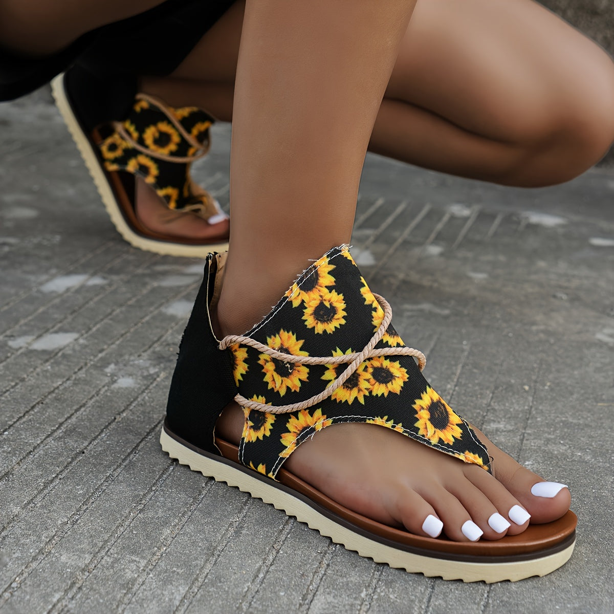 Sunflower Print Platform Thong Sandals for Women