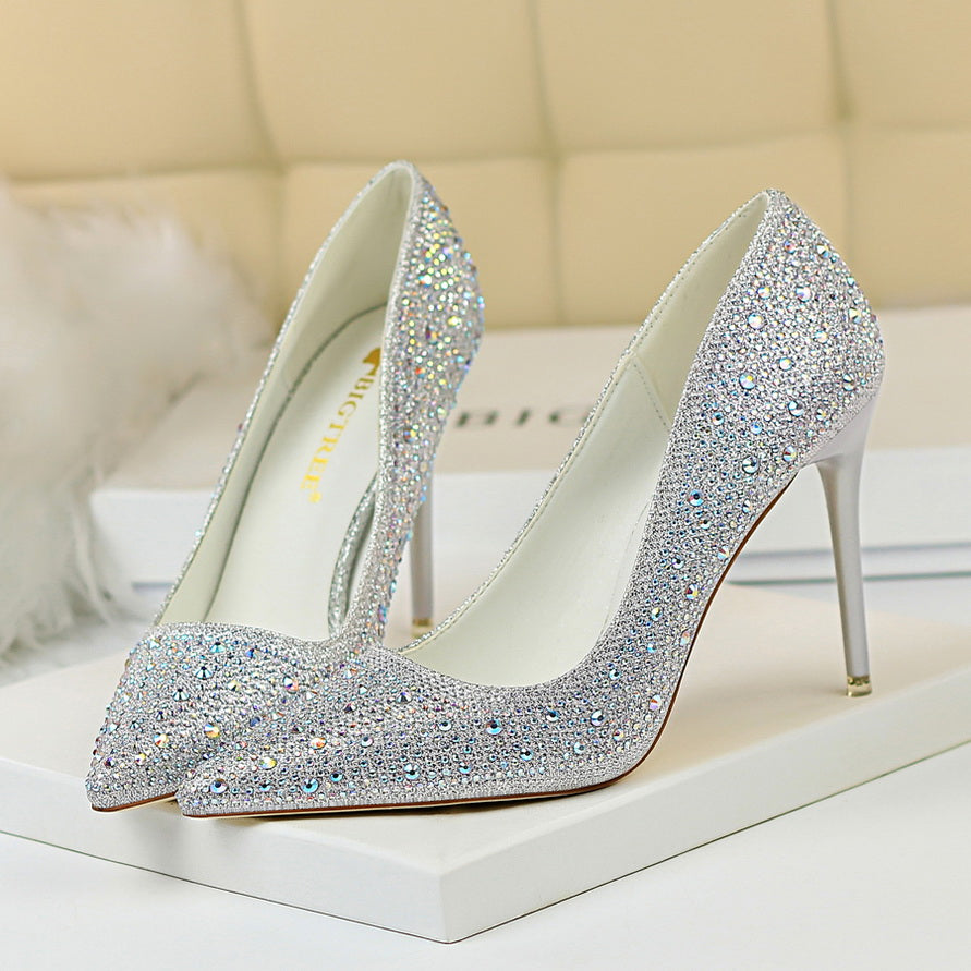 Glitter Rhinestone Wedding Shoes Pointed Toe Stiletto Heeled Pumps
