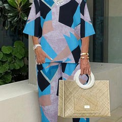 Colorblock Geometric Print Tee & Pants Set