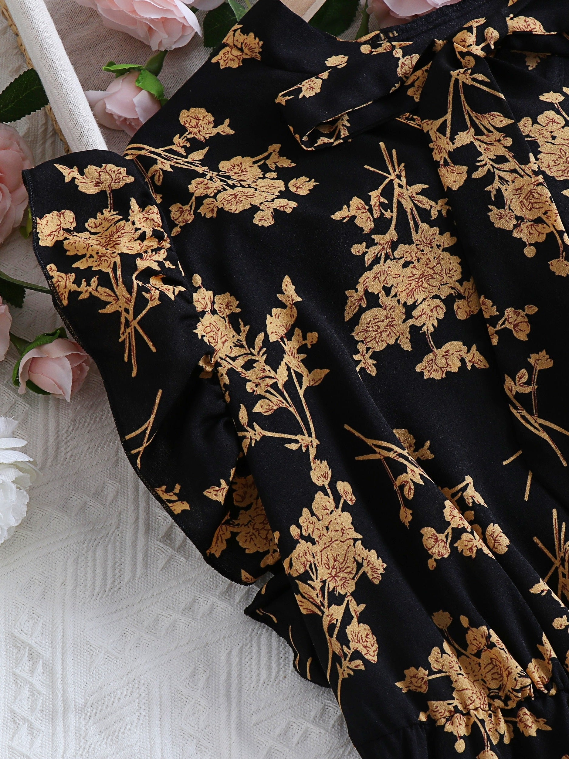 Floral Print Ruffle Sleeve Bow Knot Dress