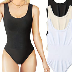 Ribbed Sleeveless Bodysuit Round Neck Sports Romper