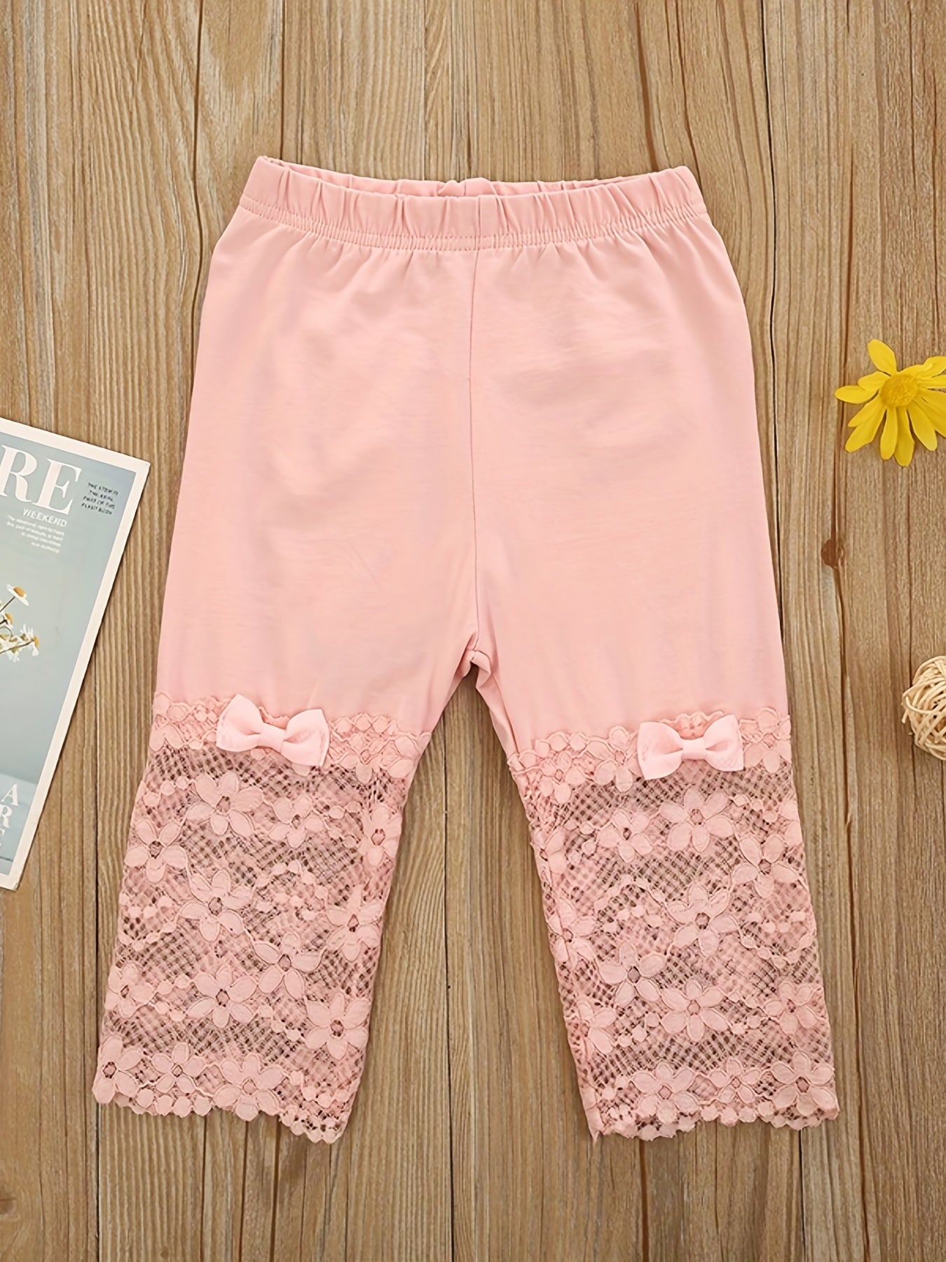 Girls Soft Cotton Leggings with Bow Flowers Lace Patchwork