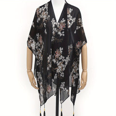 Flower Print Tassel Shawl Thin Gauze Scarf Outdoor Beach Towel Cover