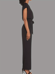 Solid Round Neck Short Sleeve Loose Jumpsuit Casual Long Length