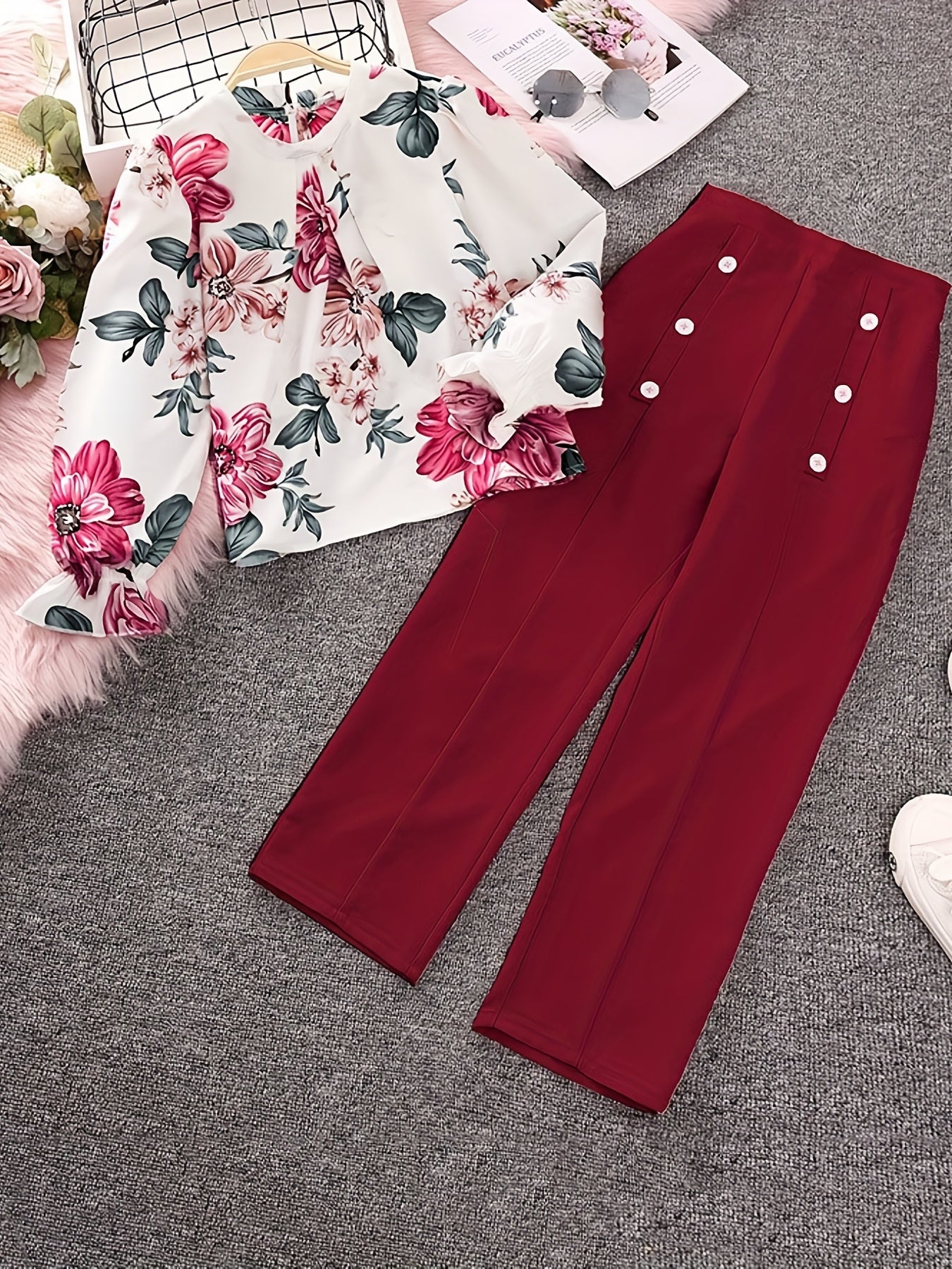 2pcs Girls' Boho Floral Blouse & Button Pants Set