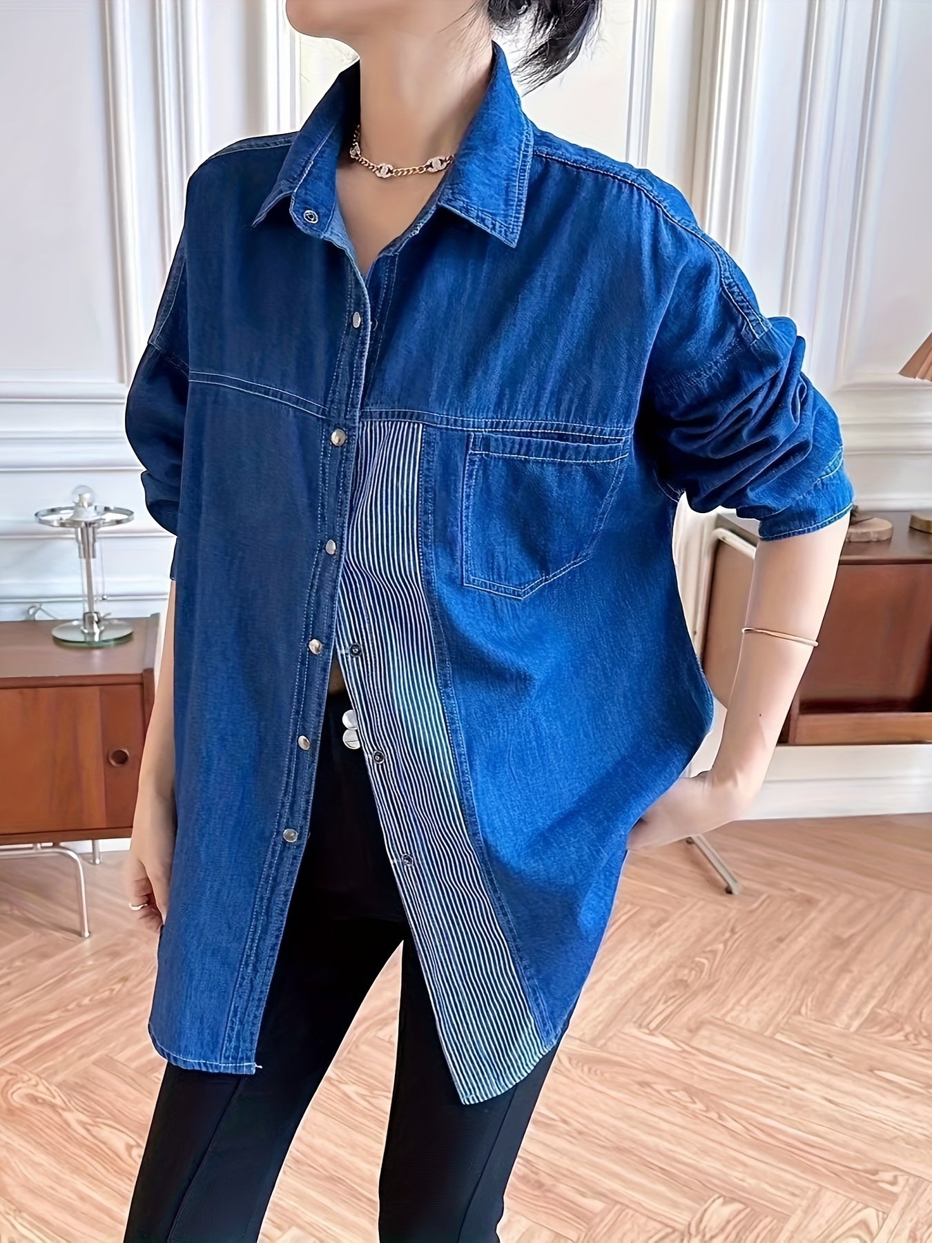 Colorblock Stripe Denim Blouse Button Down Long Sleeve