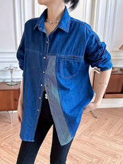 Colorblock Stripe Denim Blouse Button Down Long Sleeve