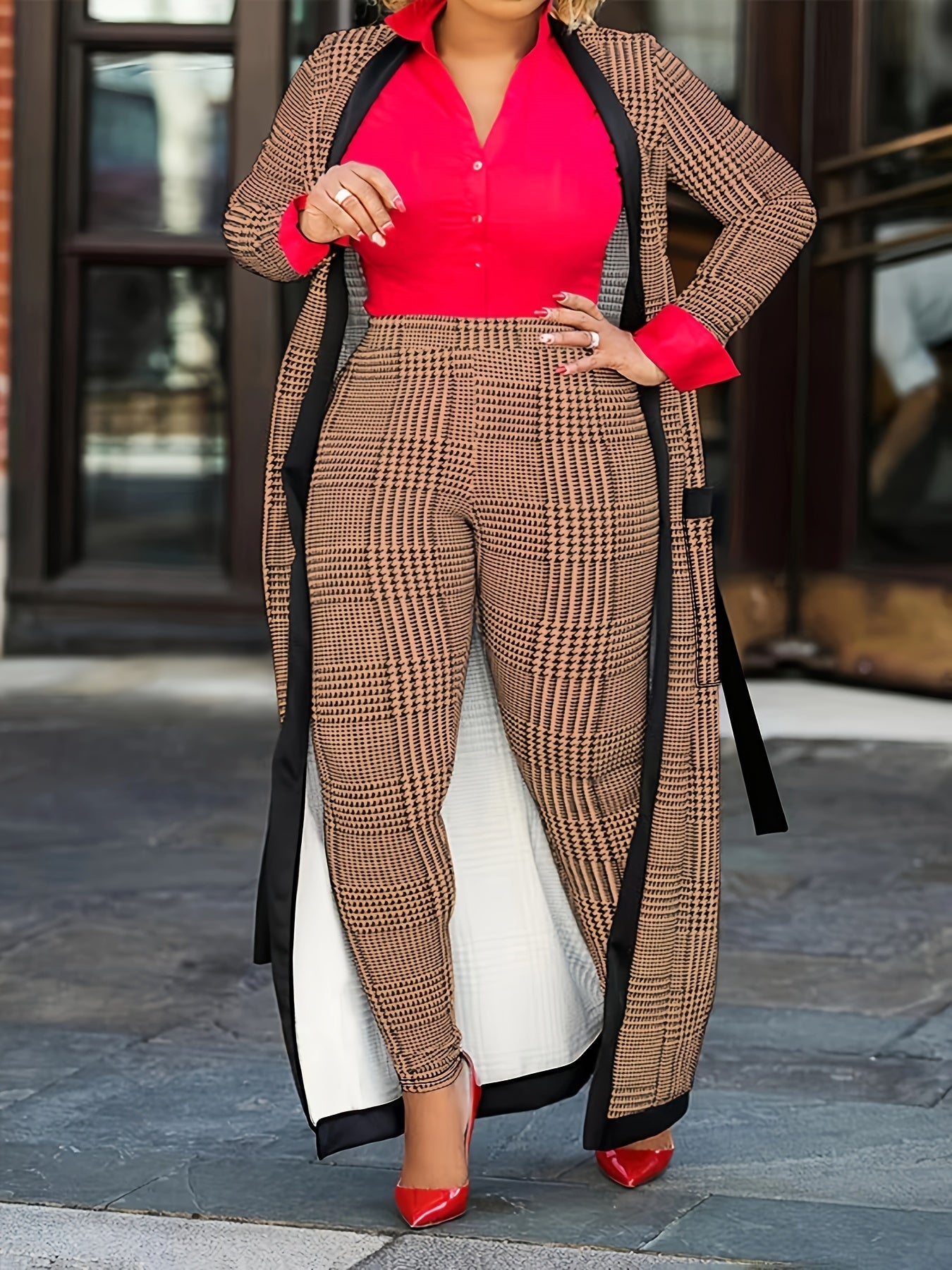 Houndstooth Cardigan & Skinny Pants Two Piece Set
