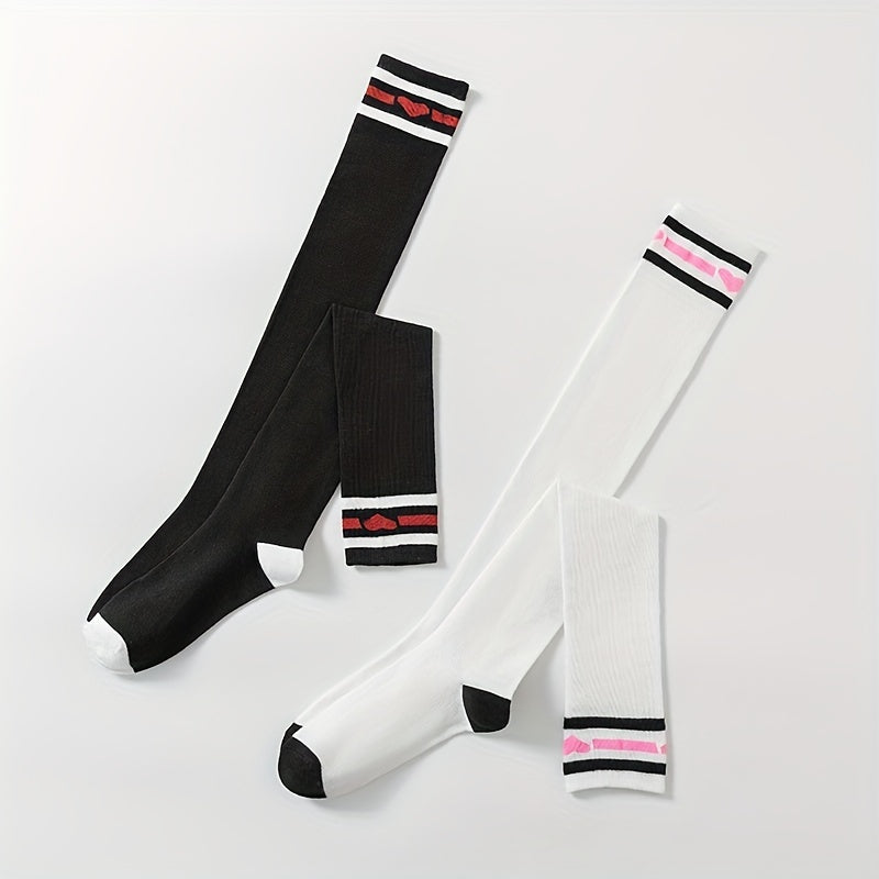 Heart Print Striped Calf Socks Women's Stocking