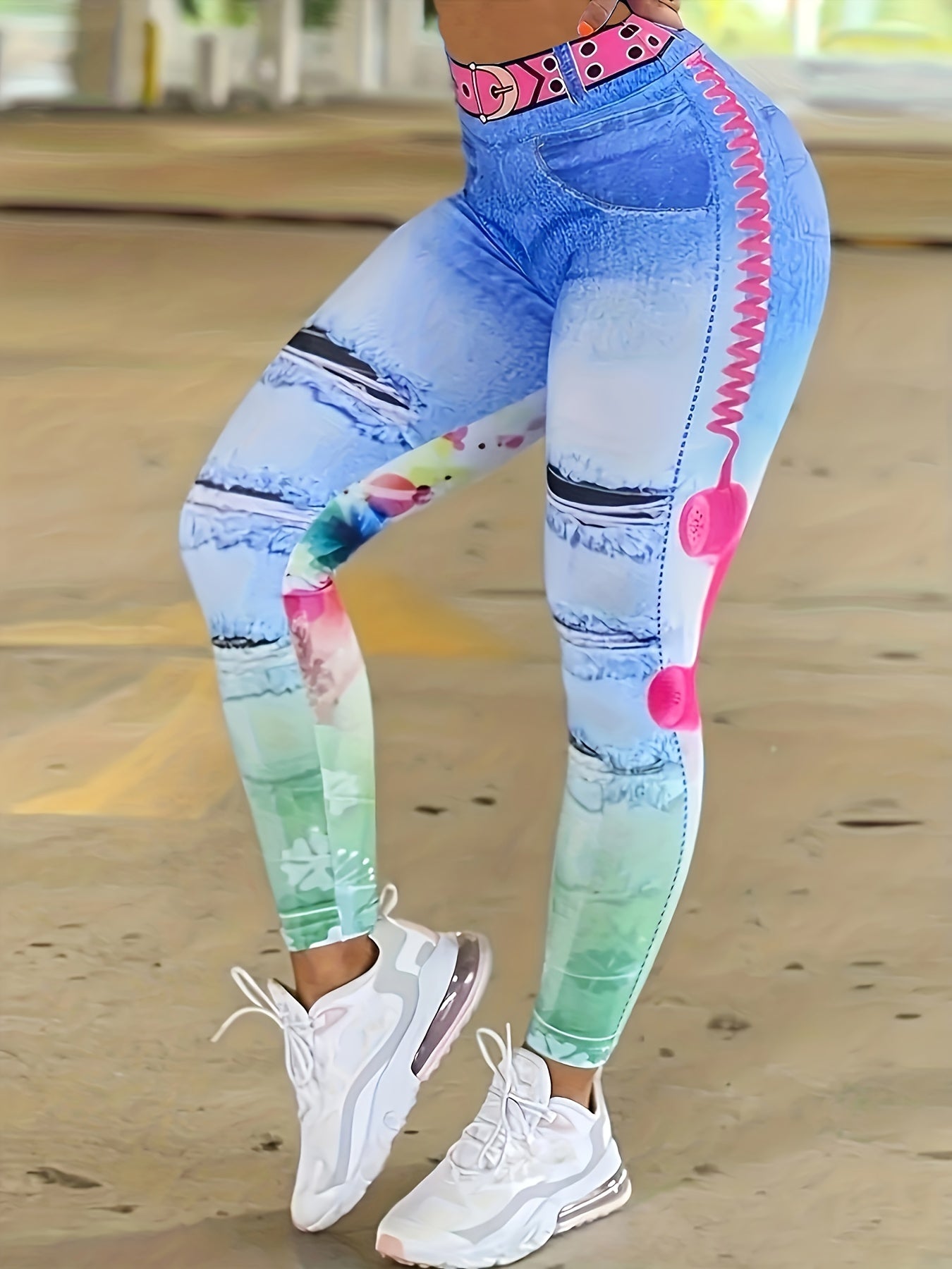 Printed Faux Jeans Yoga Leggings High Stretch