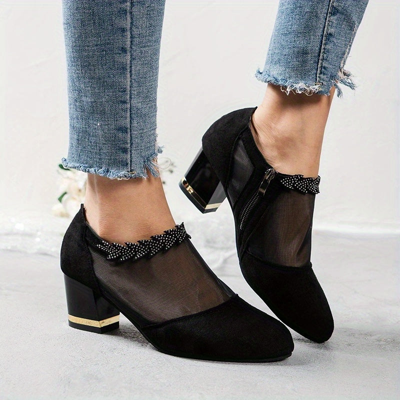 Rhinestone High Heel Side Zip Shoes Mesh Panel Pointed Toe Pumps