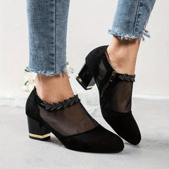 Rhinestone High Heel Side Zip Shoes Mesh Panel Pointed Toe Pumps