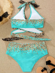 Leopard Print Tie Neck 2 Piece Bikini Set
