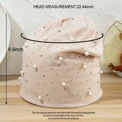 Women's Faux Pearl Beanie Warm Earmuff Stretch Headgear Head Scarf Hat Cap