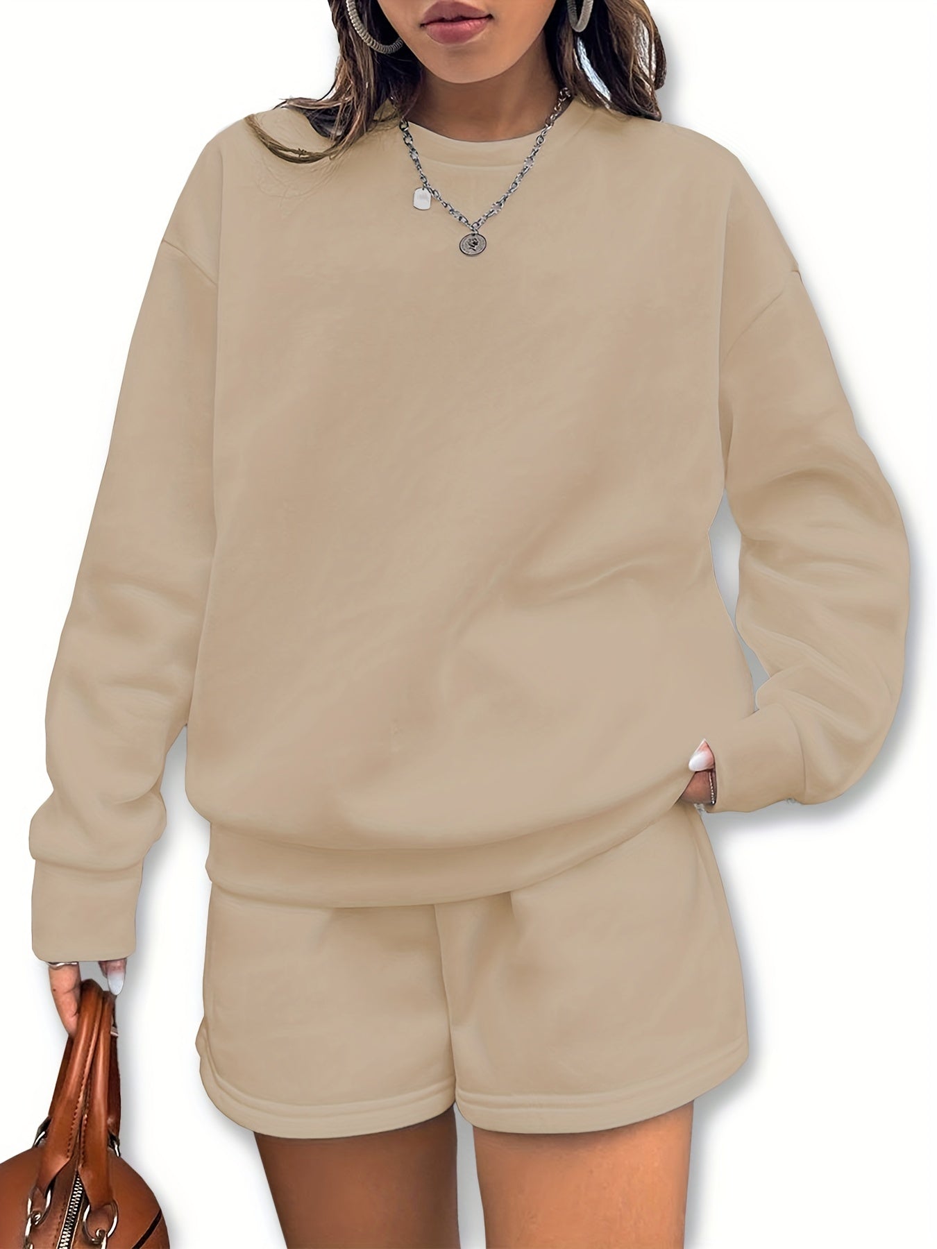 Letter Print Pullover Sweater & Solid Shorts Set