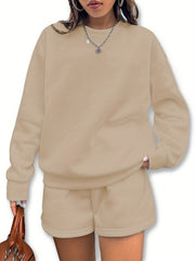 Letter Print Pullover Sweater & Solid Shorts Set