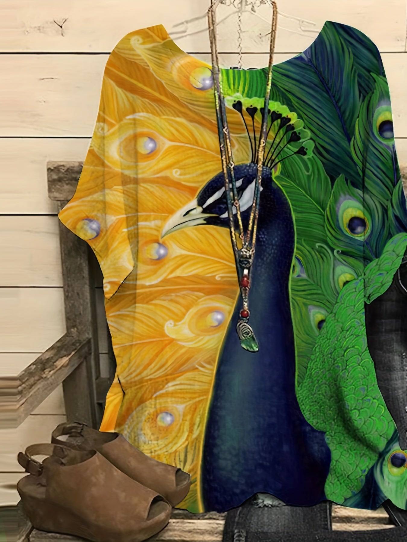 Peacock Print Short Sleeve Blouse