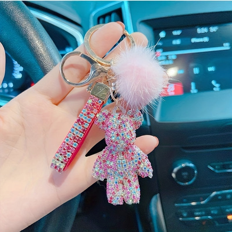 Unique Fun Keychain Gift For Girls with Artificial Diamond Hairball Bear