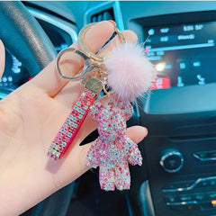 Unique Fun Keychain Gift For Girls with Artificial Diamond Hairball Bear
