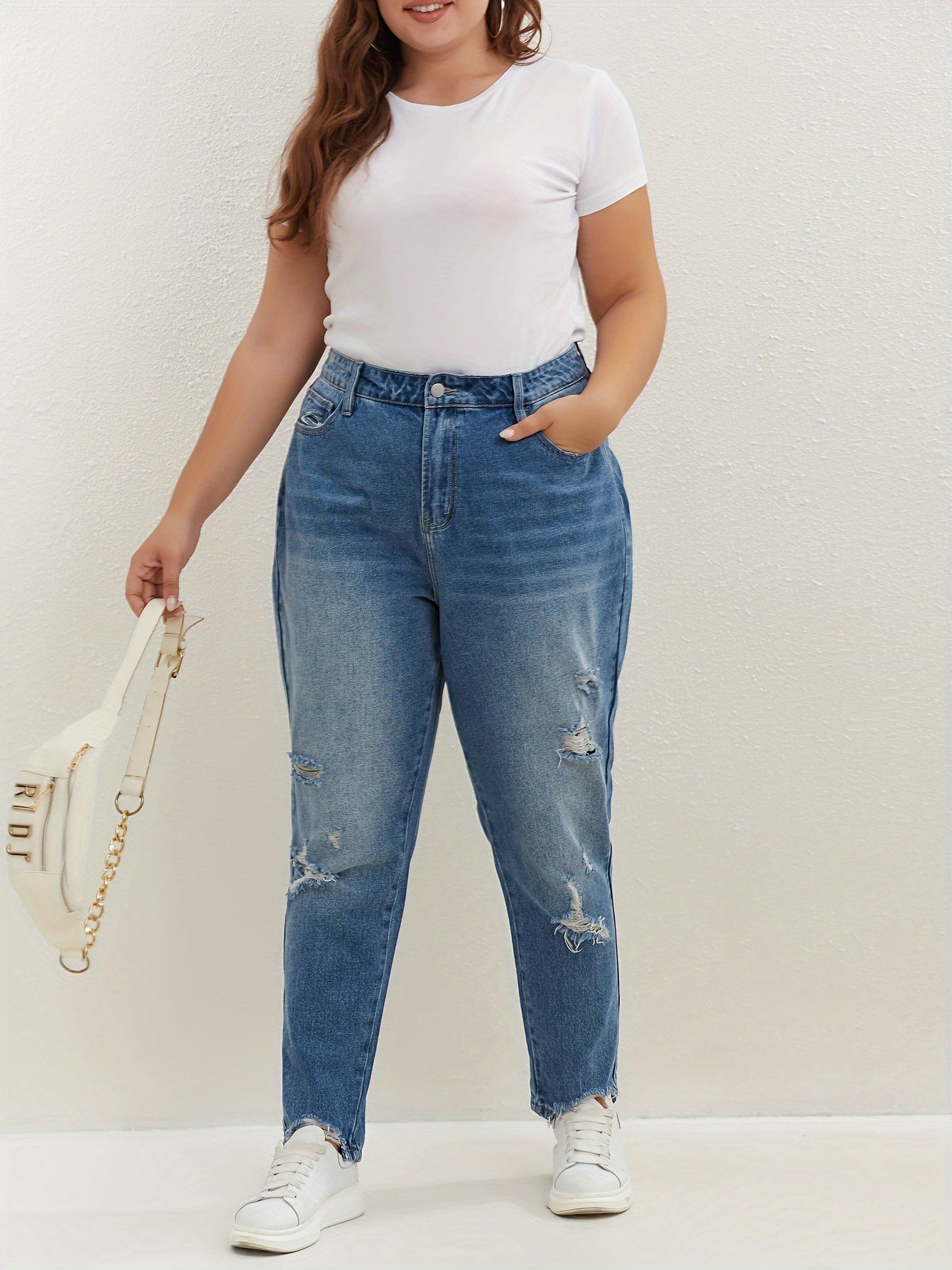 Ripped High Rise Straight Leg Jeans