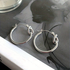 Silvery Knot Decor Hoop Earrings S925 Sterling Silver Needle Girls
