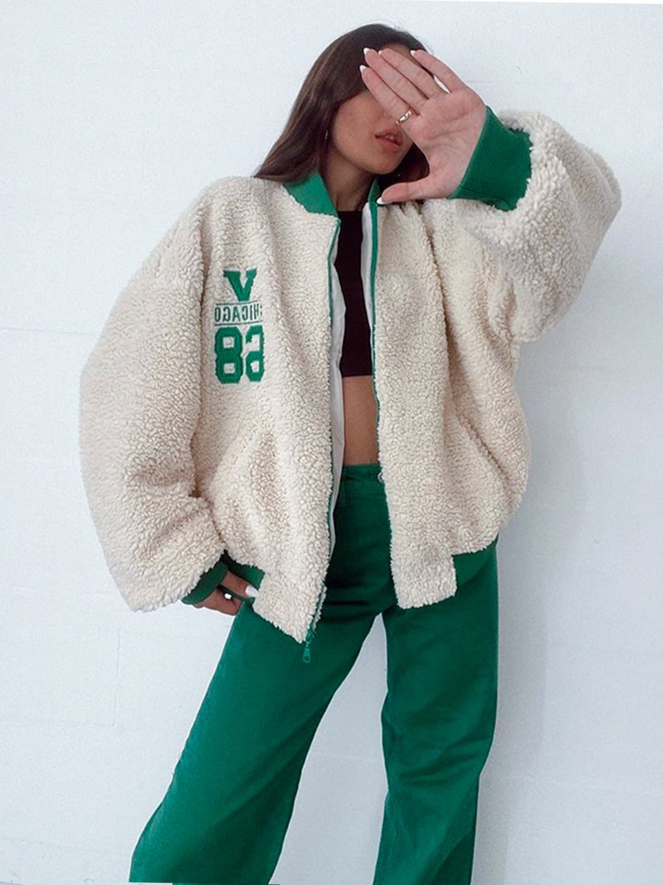 Women's Letter Print Leisure Teddy Embroidery Jacket