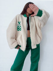 Women's Letter Print Leisure Teddy Embroidery Jacket
