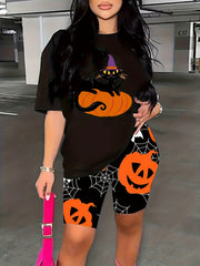 Halloween Cat & Pumpkin Print Tee & Shorts Set