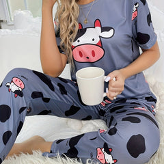 Cow Print Pajama Set Short Sleeve Crew Neck Top & Pants